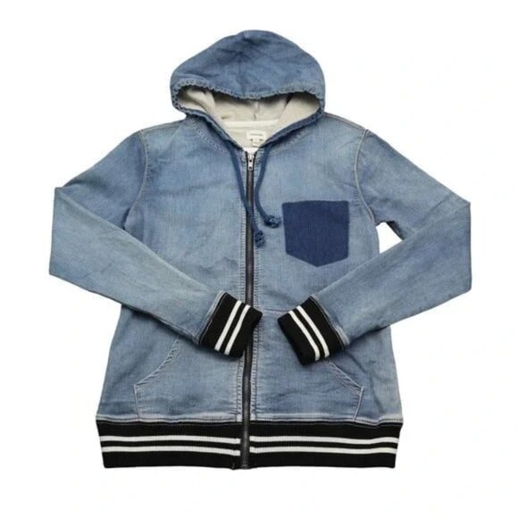 Sneak Peek Jacket Womens Blue Long Sleeve Full Zip Pockets Denim Hoodie - Picture 1 of 8